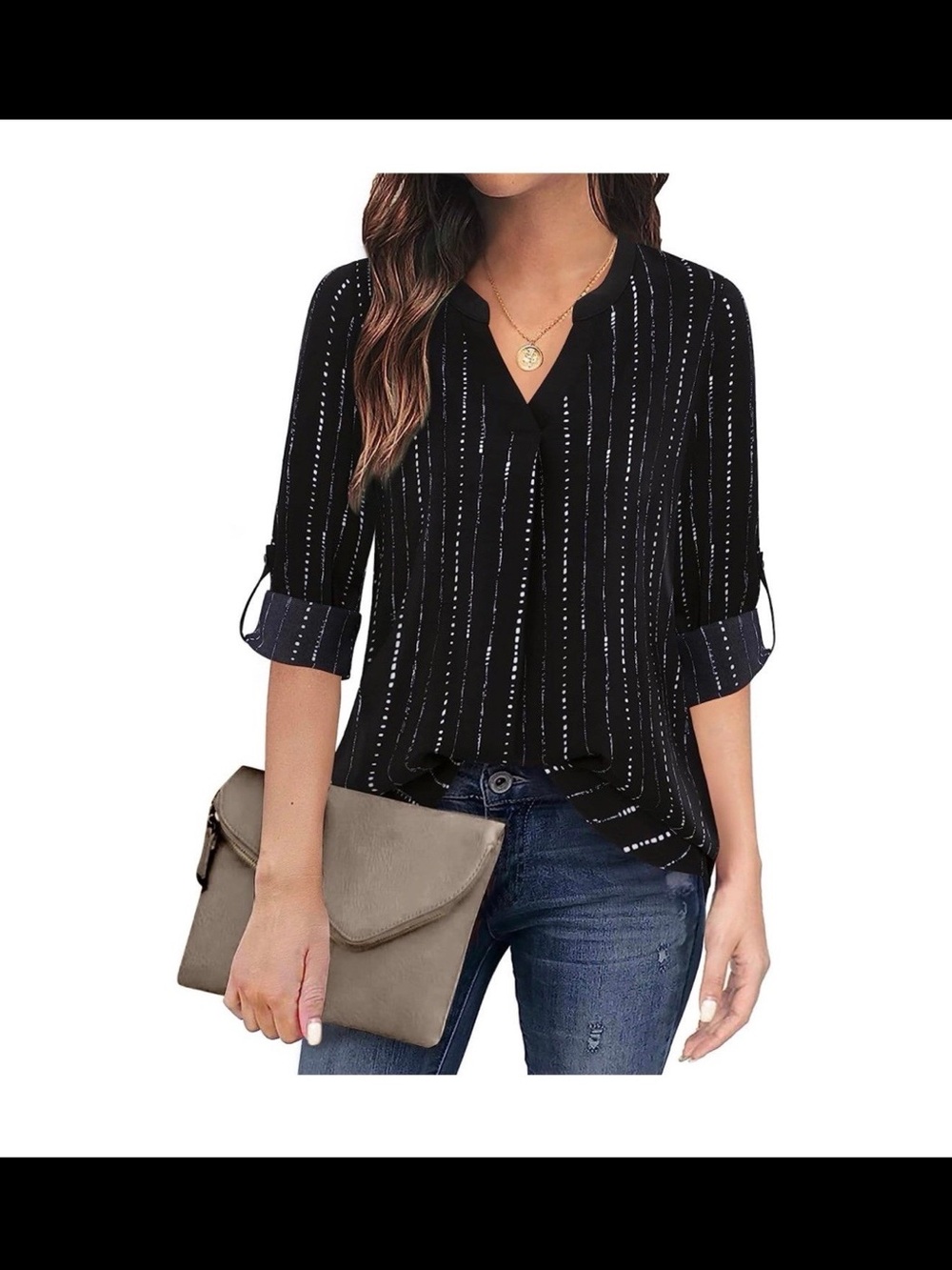 Black Striped V-Neck Roll-Sleeve Blouse